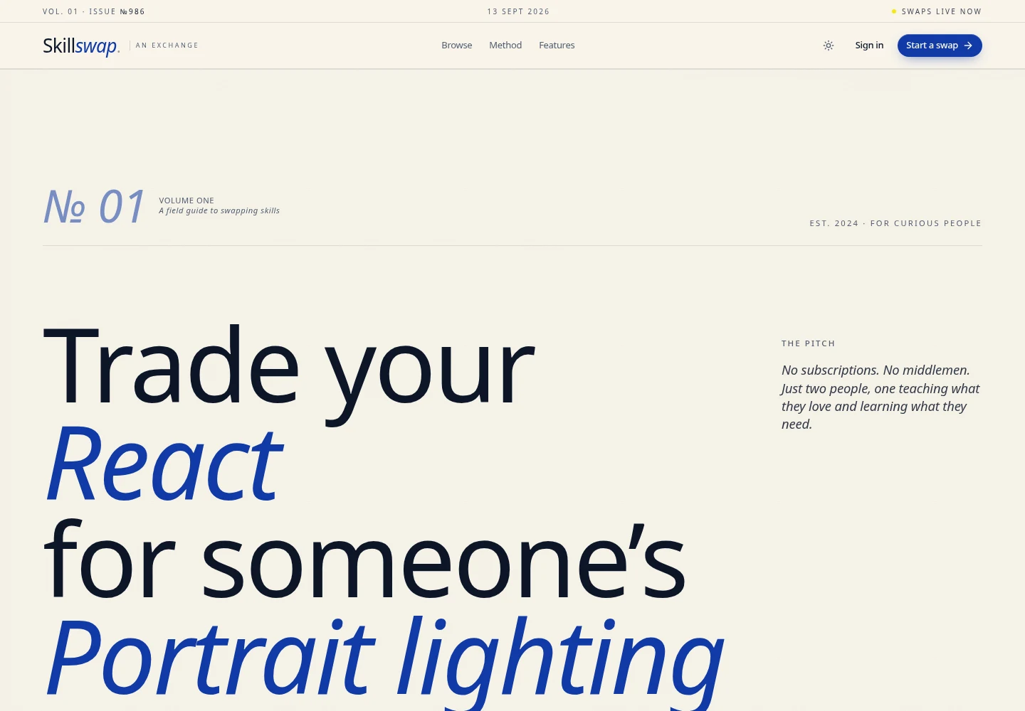 The real SkillSwap landing page, inviting visitors to trade React knowledge for portrait-lighting skills